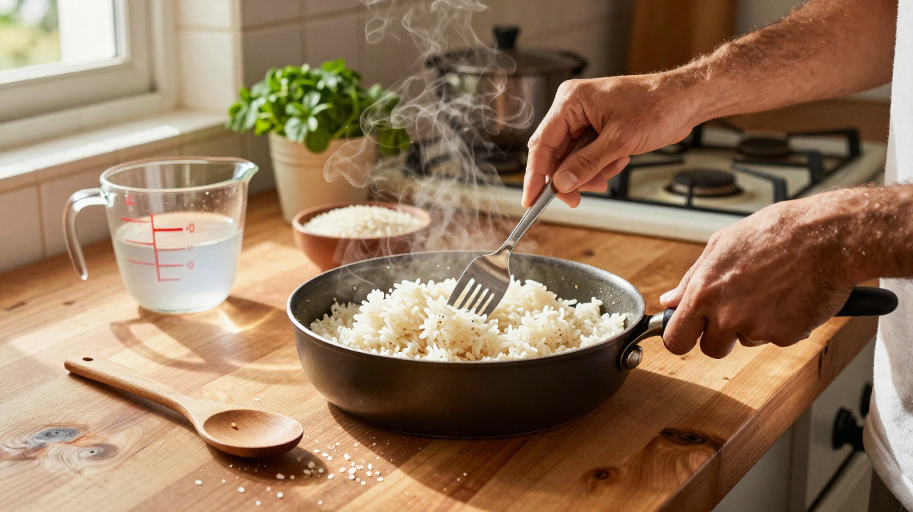Mãos mexendo arroz branco quente na frigideira em cozinha com mesa de madeira e utensílios.