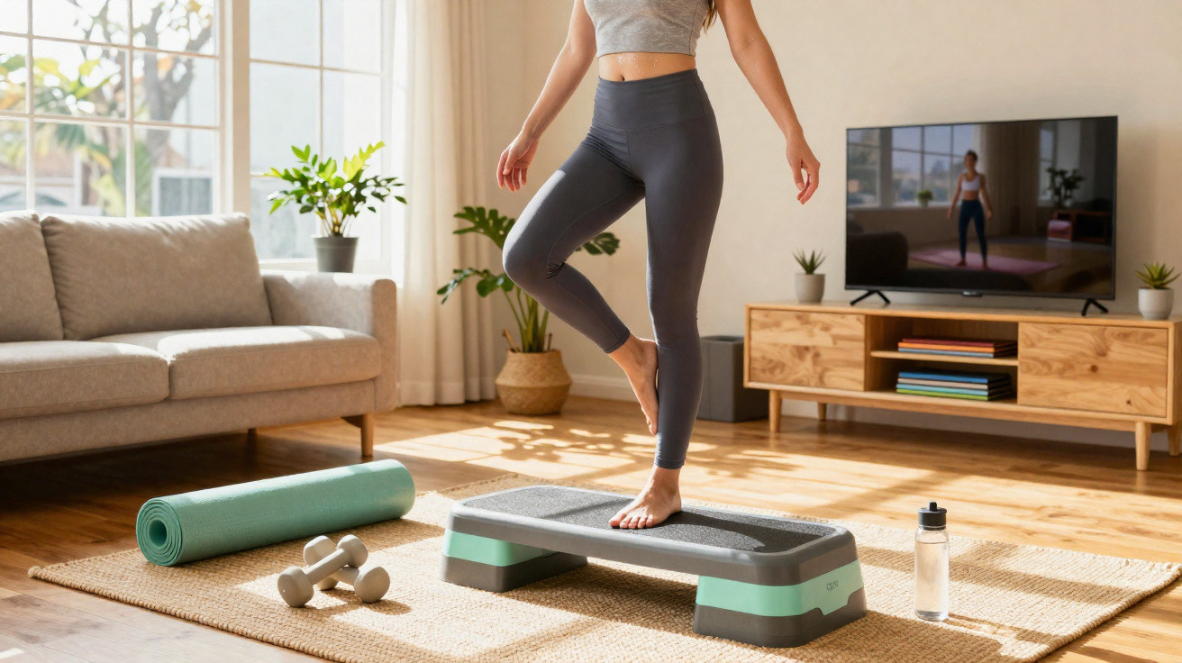 Pessoa fazendo exercício em casa sobre um step ao lado de tapete, halteres e garrafa d’água.