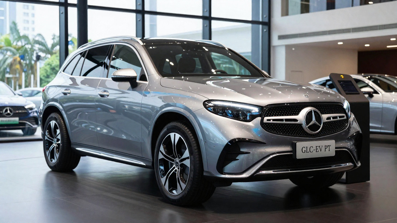 Carro SUV Mercedes-Benz elétrico prata modelo GLC-EV PT em showroom moderno com iluminação natural.