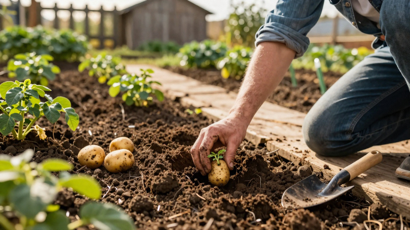Pessoa plantando batata no solo de horta artesanal com muda, cercada por plantas e ferramenta de jardim.