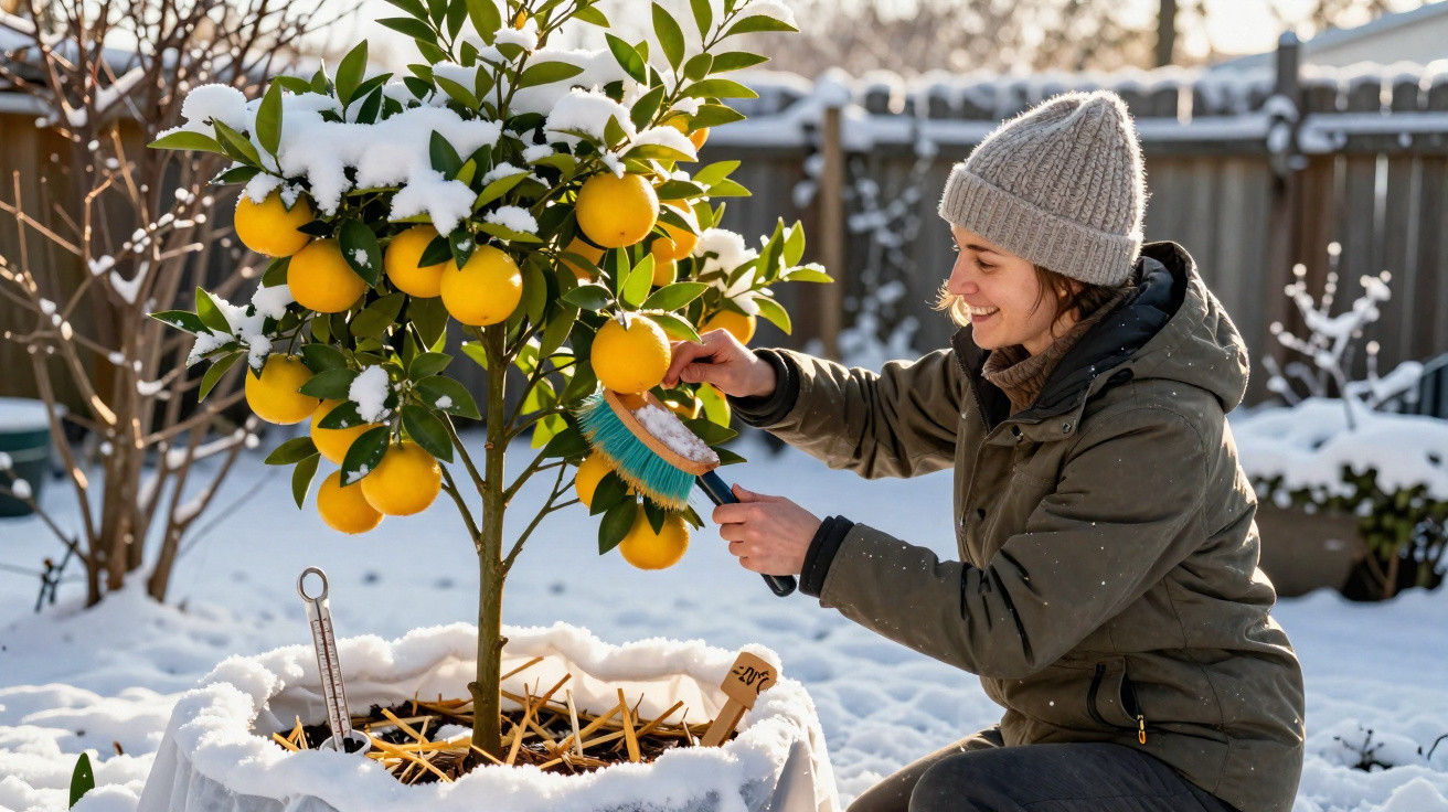 Mulher sorridente limpando neve de uma pequena árvore de laranja no jardim coberto de neve.
