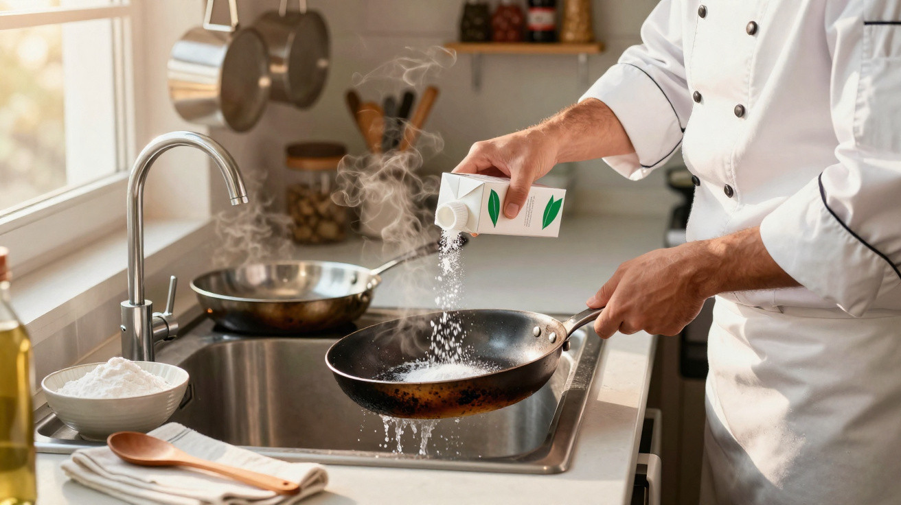 Chef com uniforme branco adicionando sal em frigideira fumegante na cozinha moderna.