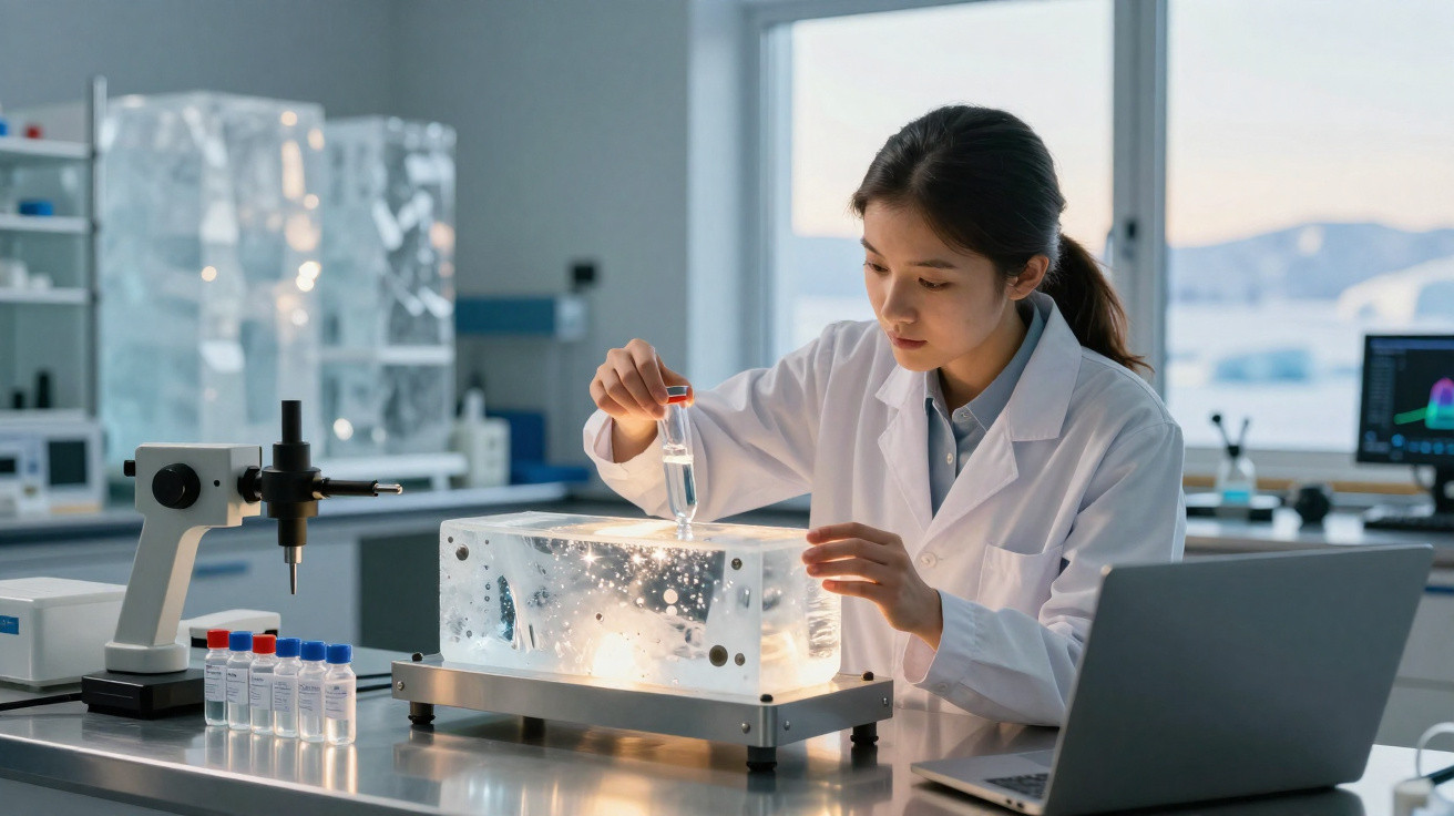 Cientista mulher em jaleco manipulando líquido em tubo de ensaio em laboratório moderno.