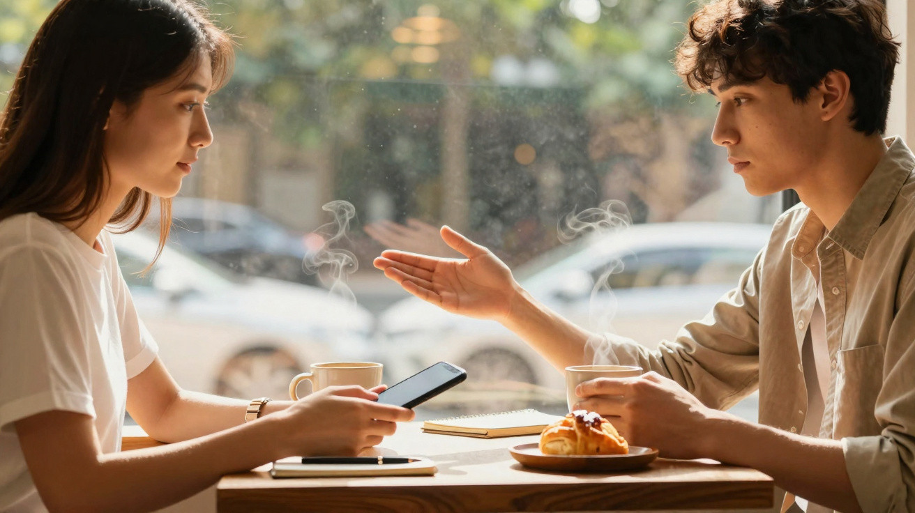 Jovem casal conversando em cafeteria com café quente e croissant em dia ensolarado.