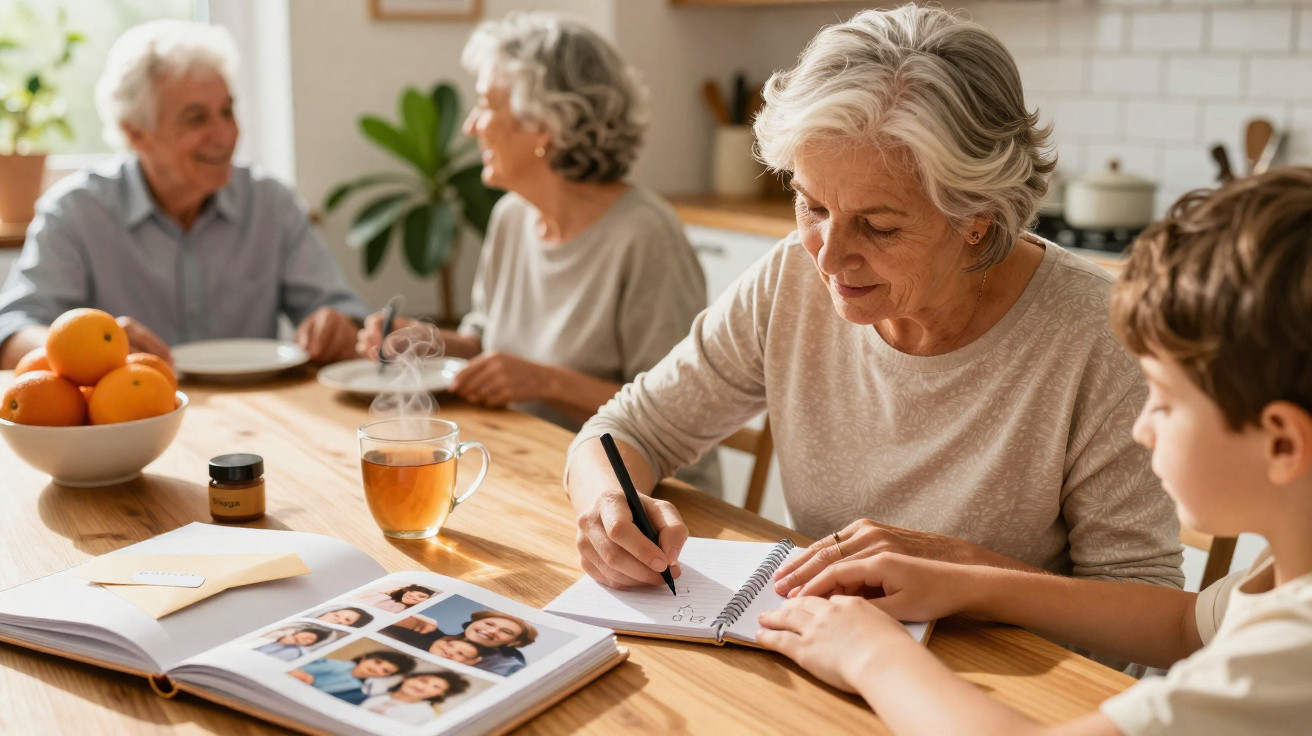 Duas mulheres idosas e um menino sentados à mesa, escrevendo e vendo fotos de família em álbum.