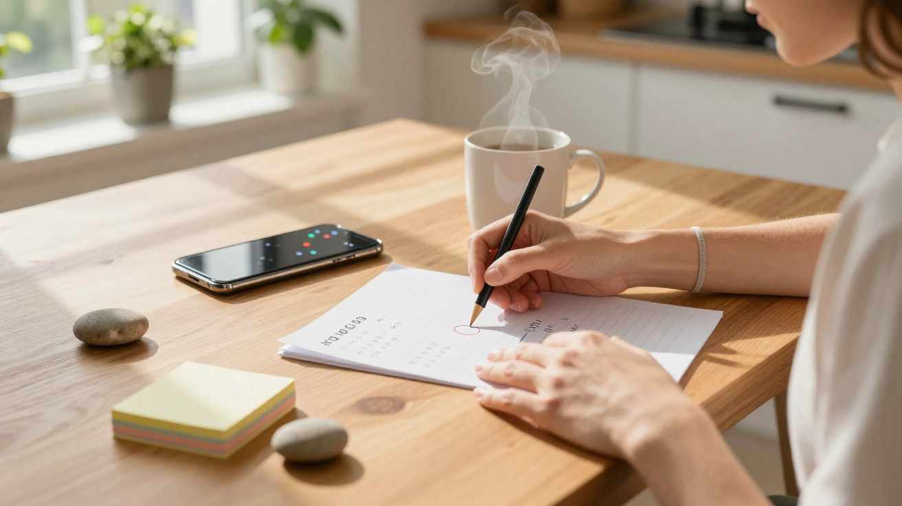 Pessoa fazendo anotações em papel ao lado de xícara de café fumegante e smartphone sobre mesa de madeira.
