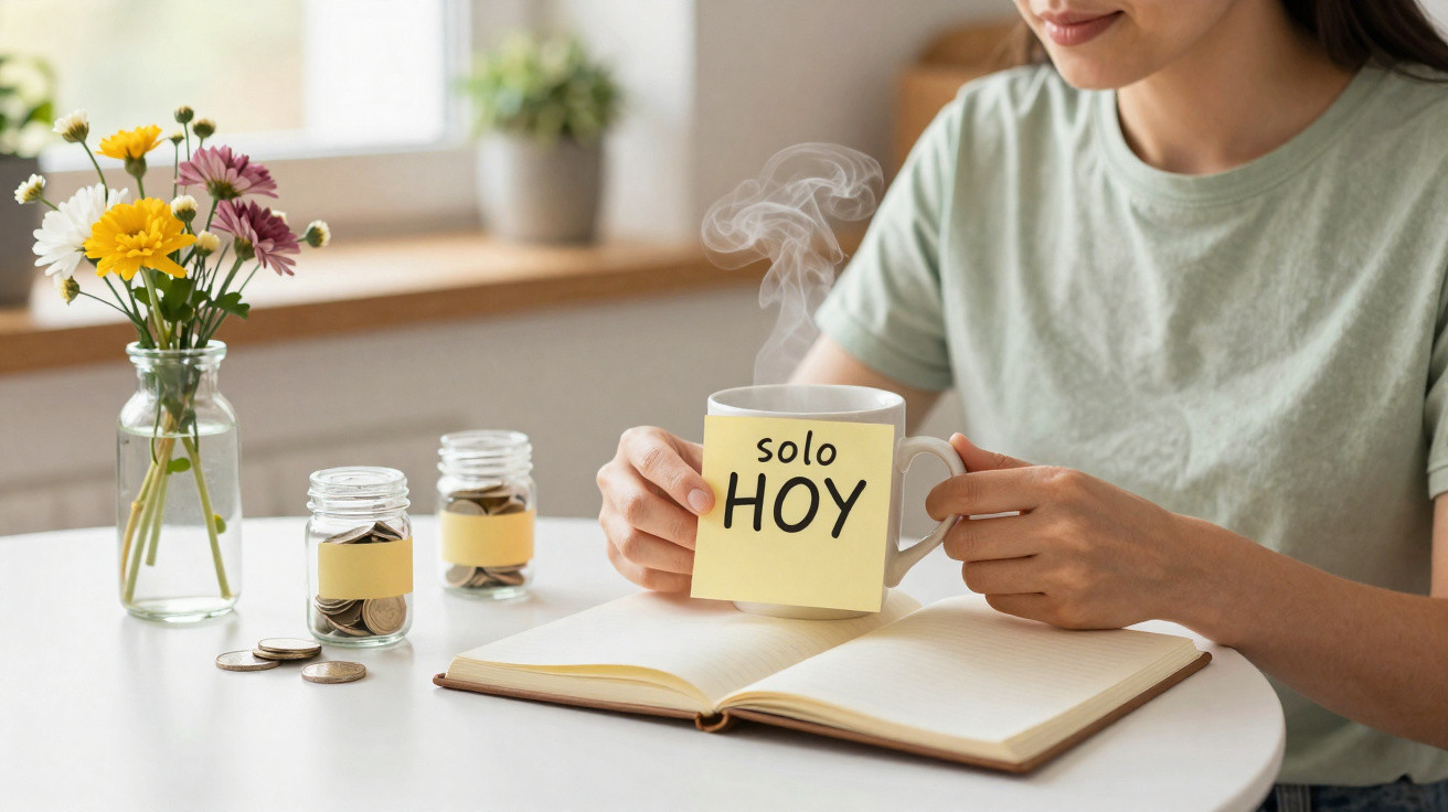 Mulher segurando caneca com post-it "solo HOY", livro aberto e moedas em potes sobre mesa branca.