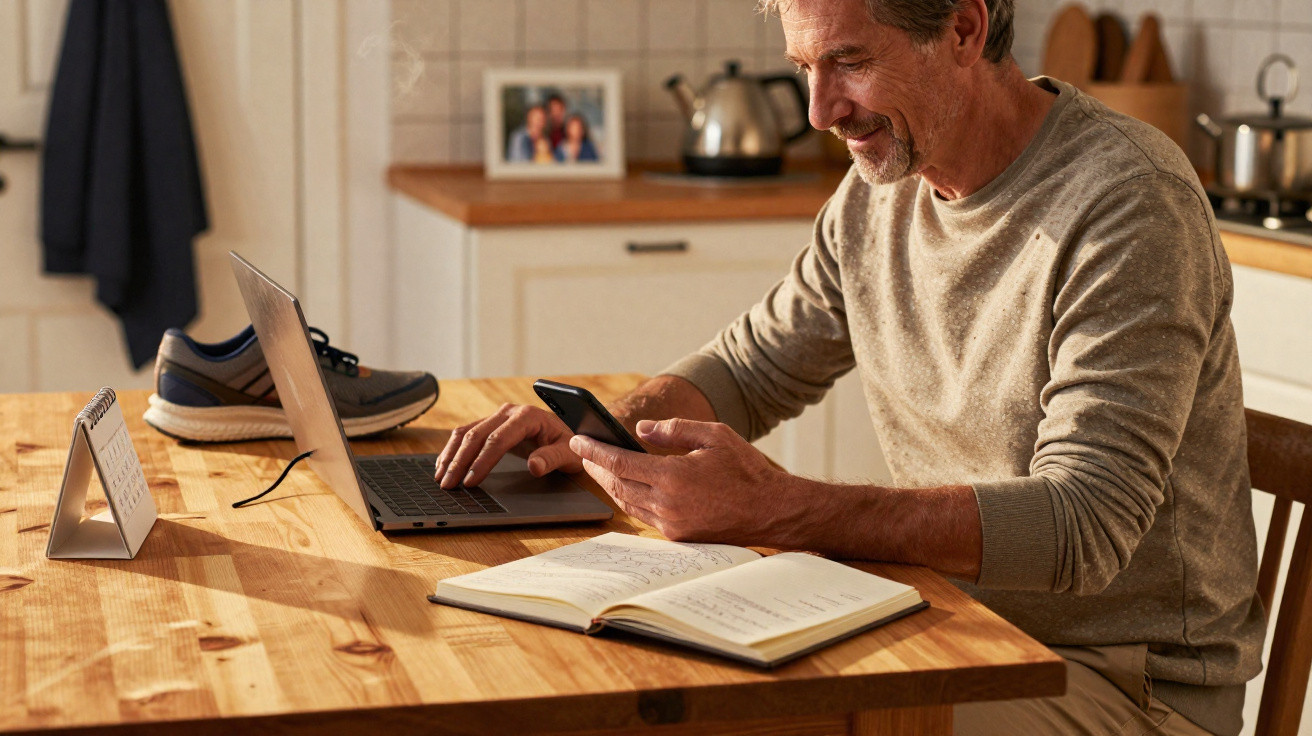 Homem sentado à mesa na cozinha usando celular e laptop, com caderno aberto e tênis ao lado.