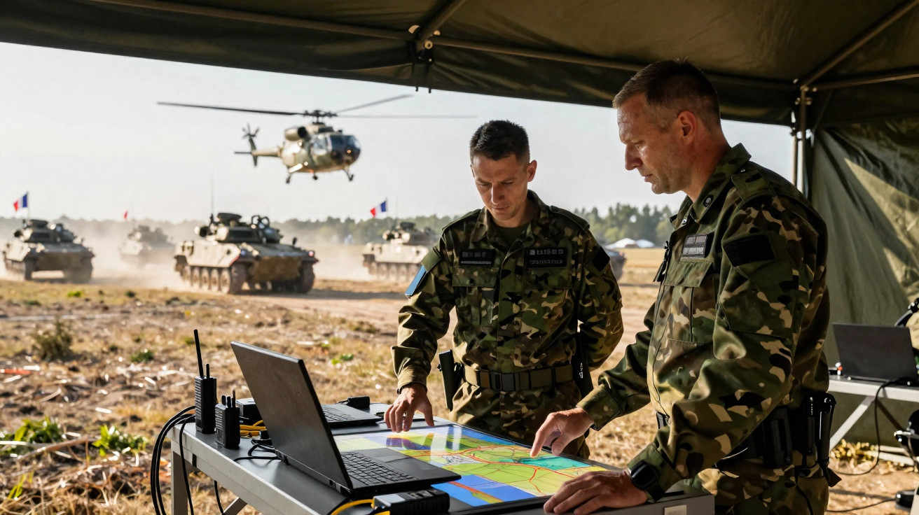 Dois soldados em uniforme camuflado analisam mapa digital em mesa sob barraca, com tanques e helicóptero ao fundo.