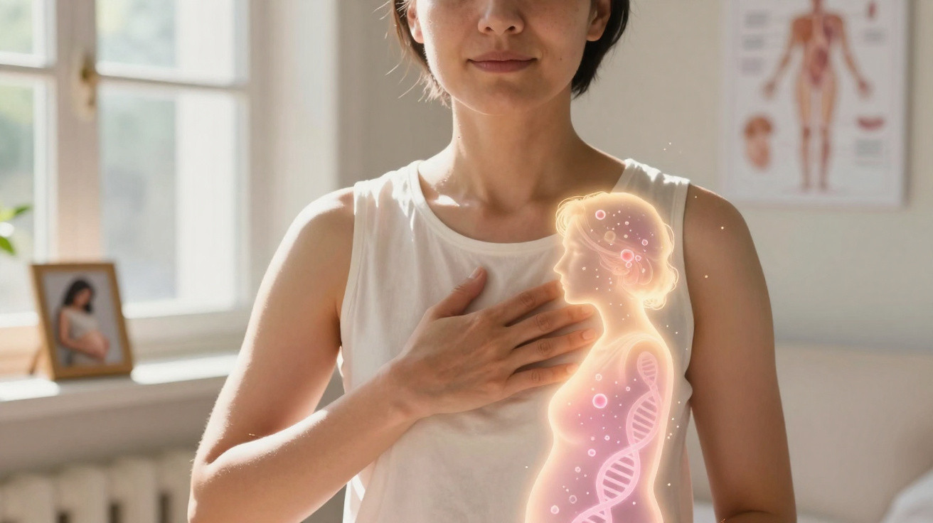 Mulher com mão no peito e holograma de perfil feminino grávida com elementos de DNA e células.