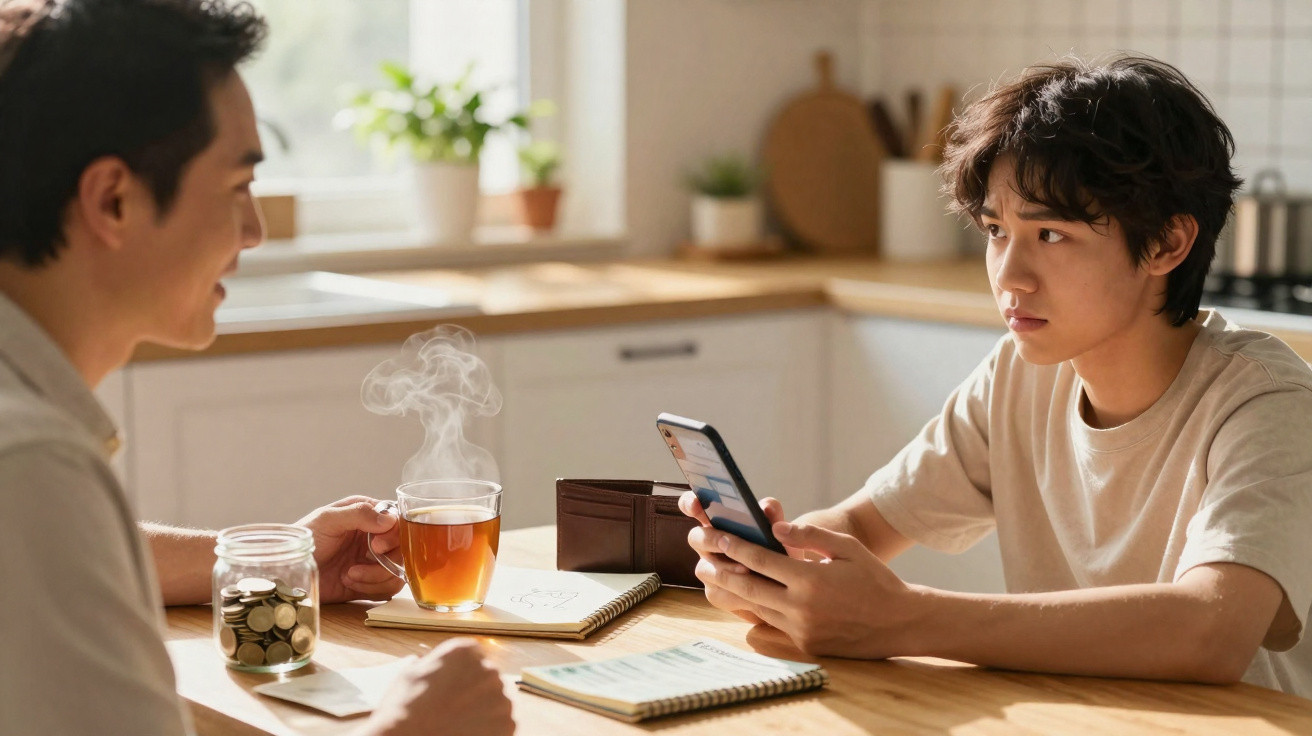 Dois jovens conversam na cozinha, um segura celular e o outro uma xícara de chá quente.