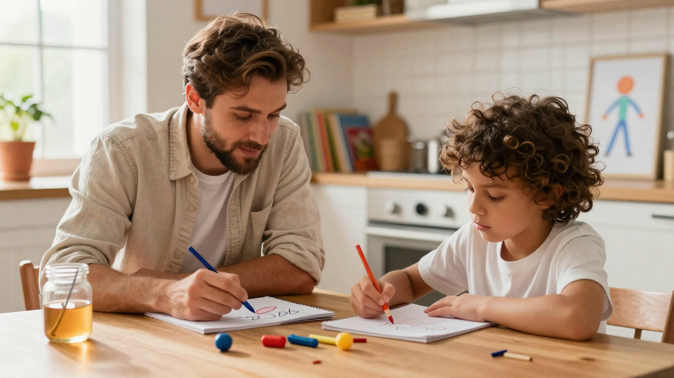 Pai e filho desenhando juntos com lápis de cor à mesa em cozinha iluminada.