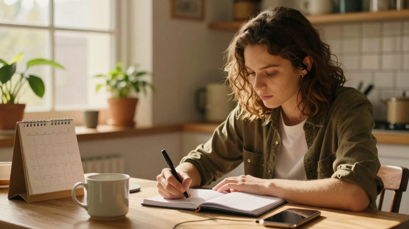 Mulher jovem escrevendo em caderno com caneta, sentada à mesa de madeira com xícara, calendário e celular.