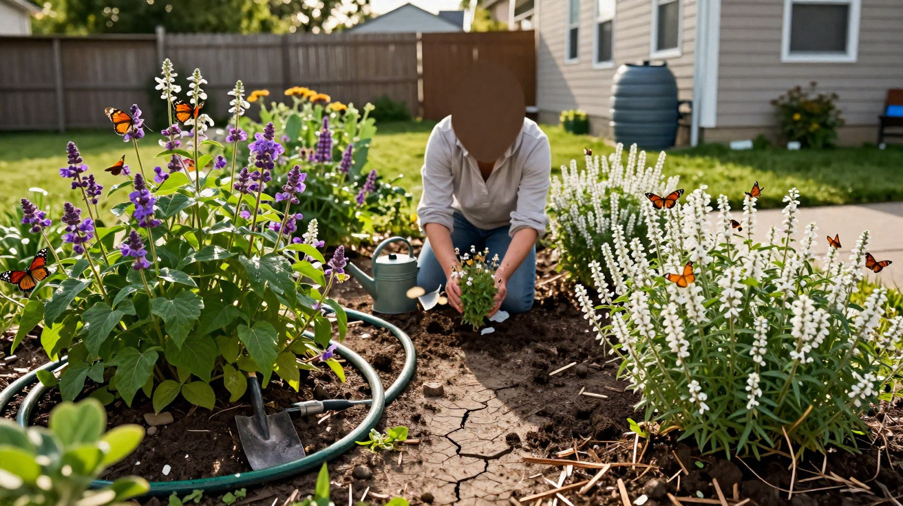 Pessoa plantando flores em jardim residencial com borboletas alaranjadas voando ao redor.