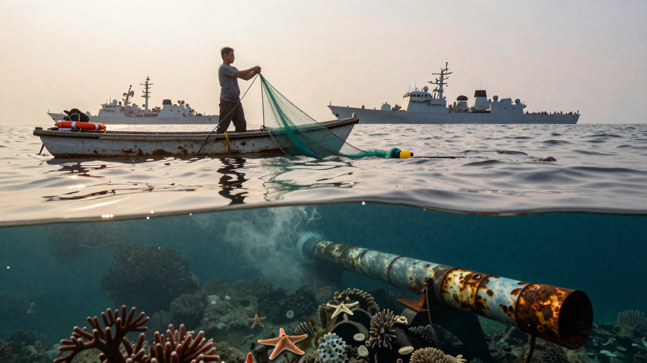 Pescador em barco pequeno lançando rede perto de navios militares com fundo submarino de corais e tubulação enferrujada.