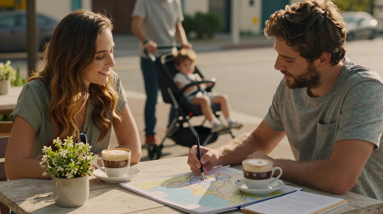 Casal jovem sentado em café ao ar livre planejando viagem com mapa, com criança em carrinho ao fundo.
