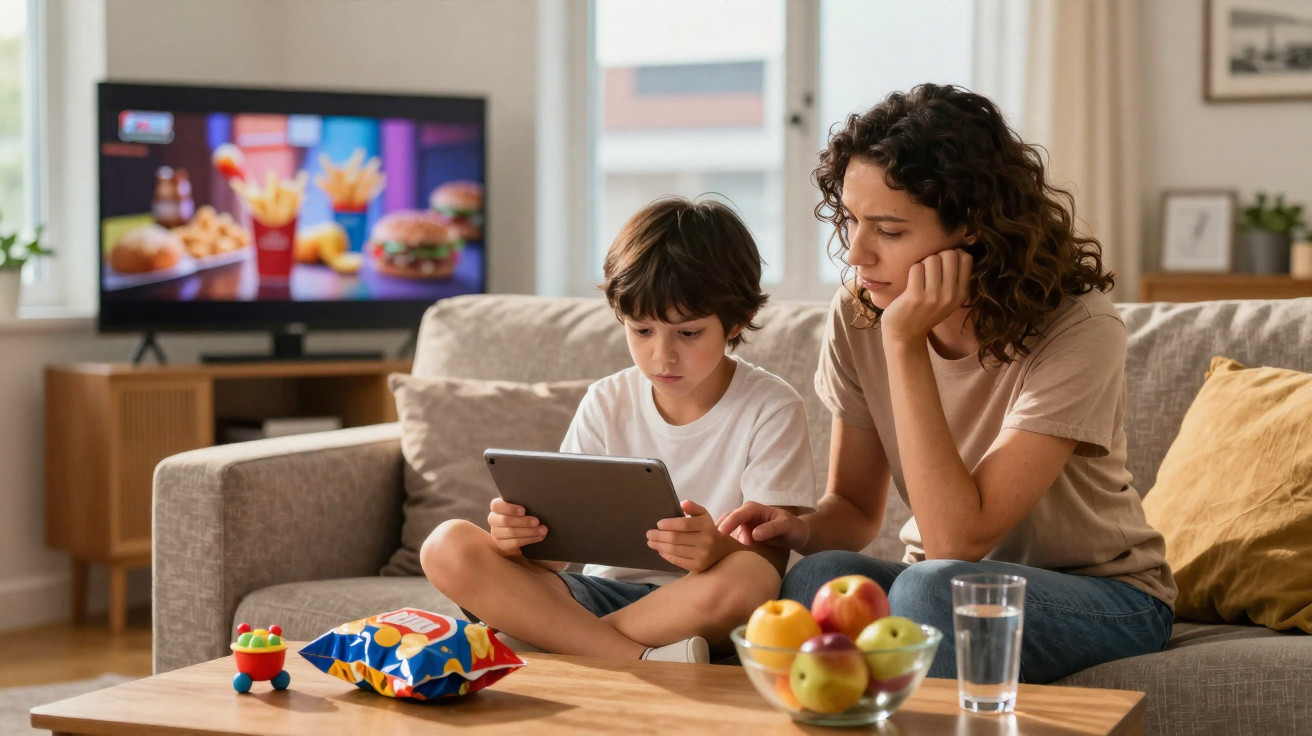 Mulher e menino sentados no sofá olhando para tablet, com TV ligada e frutas sobre a mesa.