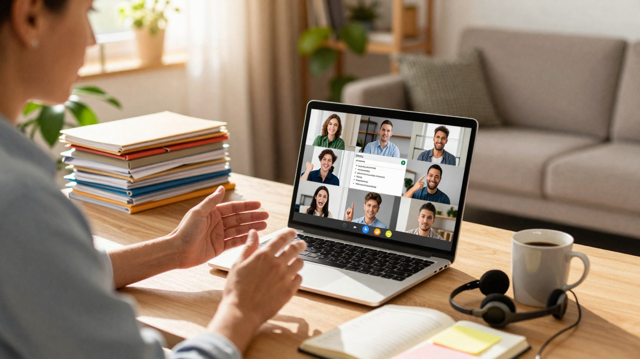 Pessoa participa de reunião virtual em laptop, com pilha de pastas, fones e xícara em mesa de madeira.
