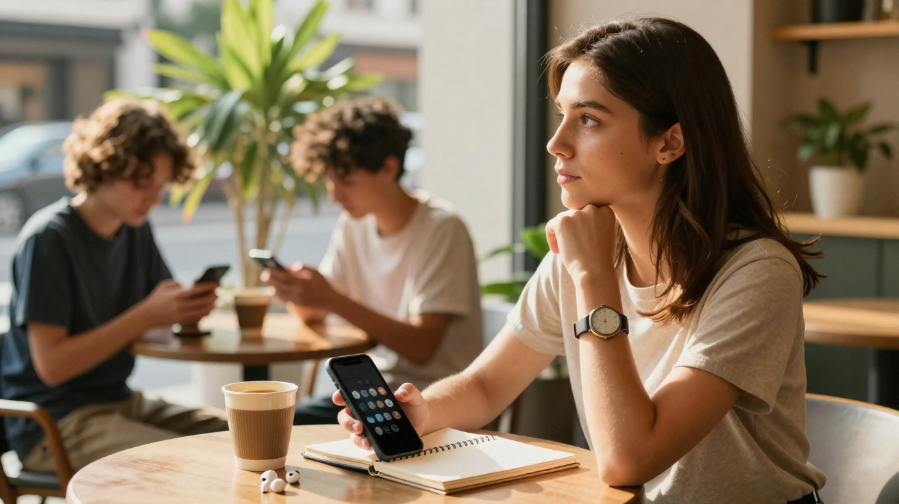 Mulher sentada em café com smartphone e caderno, olhando para fora, enquanto duas pessoas ao fundo usam celulares.