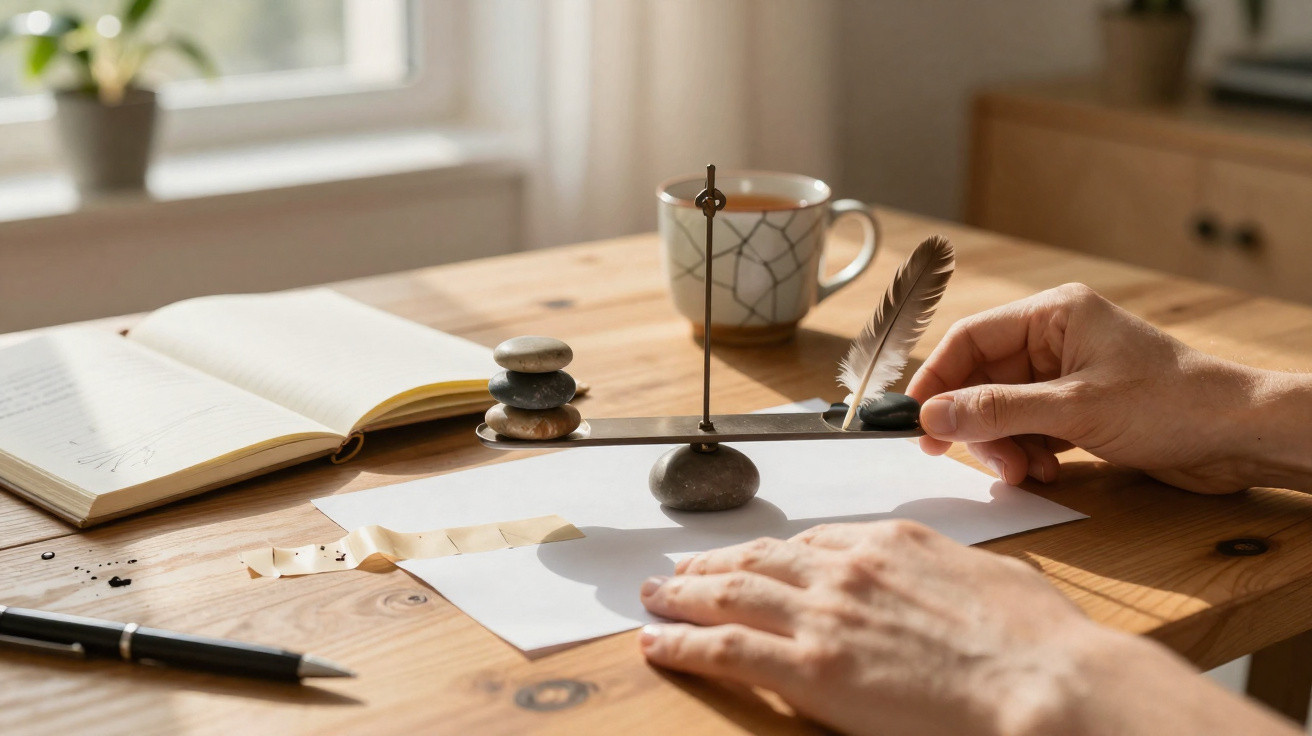 Mãos equilibrando uma balança com pedras e pena sobre mesa de madeira com caderno e caneca.
