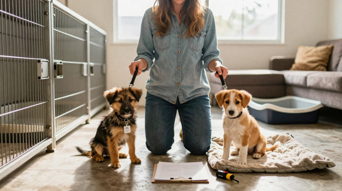 Pessoa ajoelhada segurando dois filhotes de cachorro com coleiras em ambiente interno.