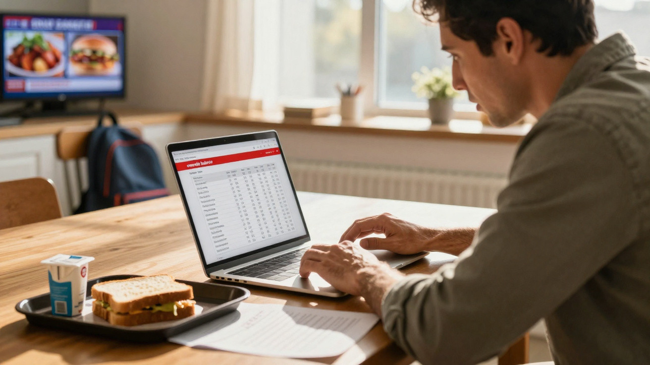 Homem usando laptop na mesa com lanche, analisando tabela de dados em ambiente iluminado.