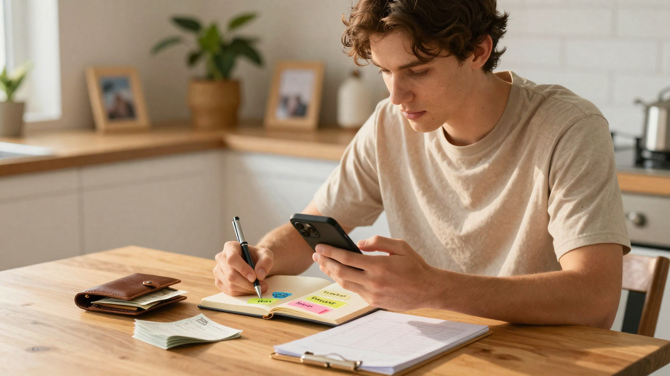 Jovem sentado à mesa, anotando em caderno enquanto consulta o celular em ambiente doméstico.
