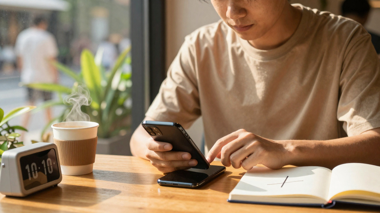 Pessoa sentada à mesa mexendo no celular, com relógio, café quente e livro aberto.