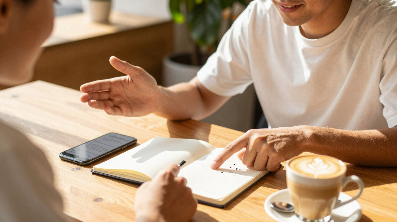 Duas pessoas em reunião com caderno aberto, celular na mesa e xícara de café em ambiente iluminado.