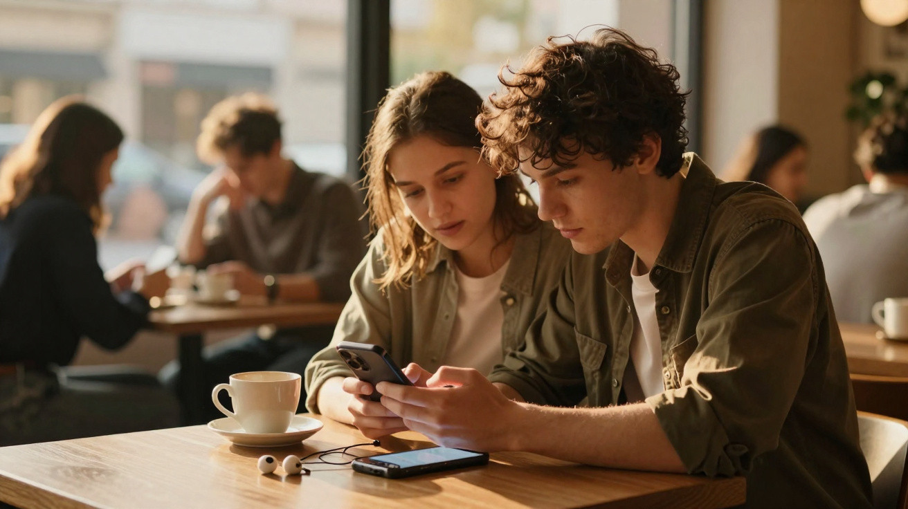 Jovem casal sentado em café, concentrado em dispositivos móveis com xícara e fones na mesa.