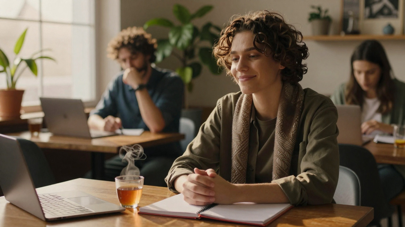 Pessoa sorridente sentada em mesa com caderno aberto, laptop e xícara de chá fumegante em ambiente de trabalho.