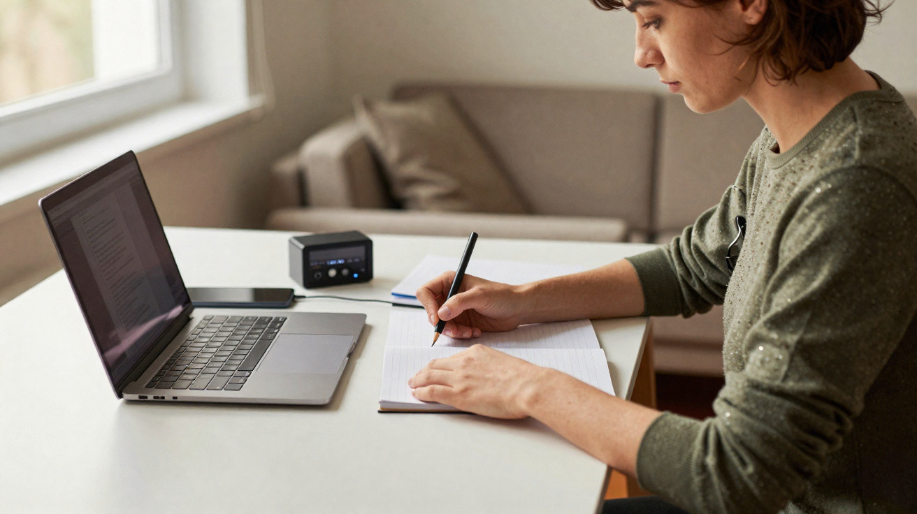 Pessoa escrevendo em caderno à mesa com notebook e aparelho eletrônico ao fundo em ambiente interno.