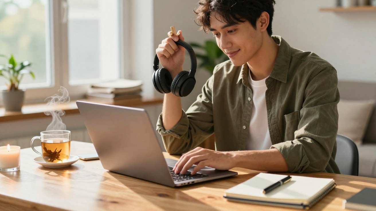 Jovem sorridente usando laptop, segurando fones de ouvido, com chá, vela e caderno sobre mesa de madeira.