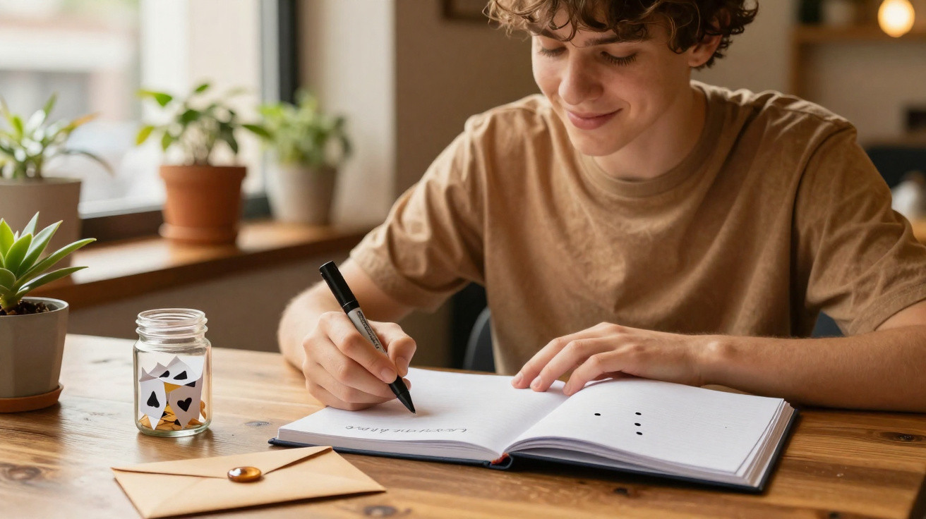 Jovem sorridente escrevendo em caderno sobre mesa de madeira com envelope, pote e plantas ao fundo.