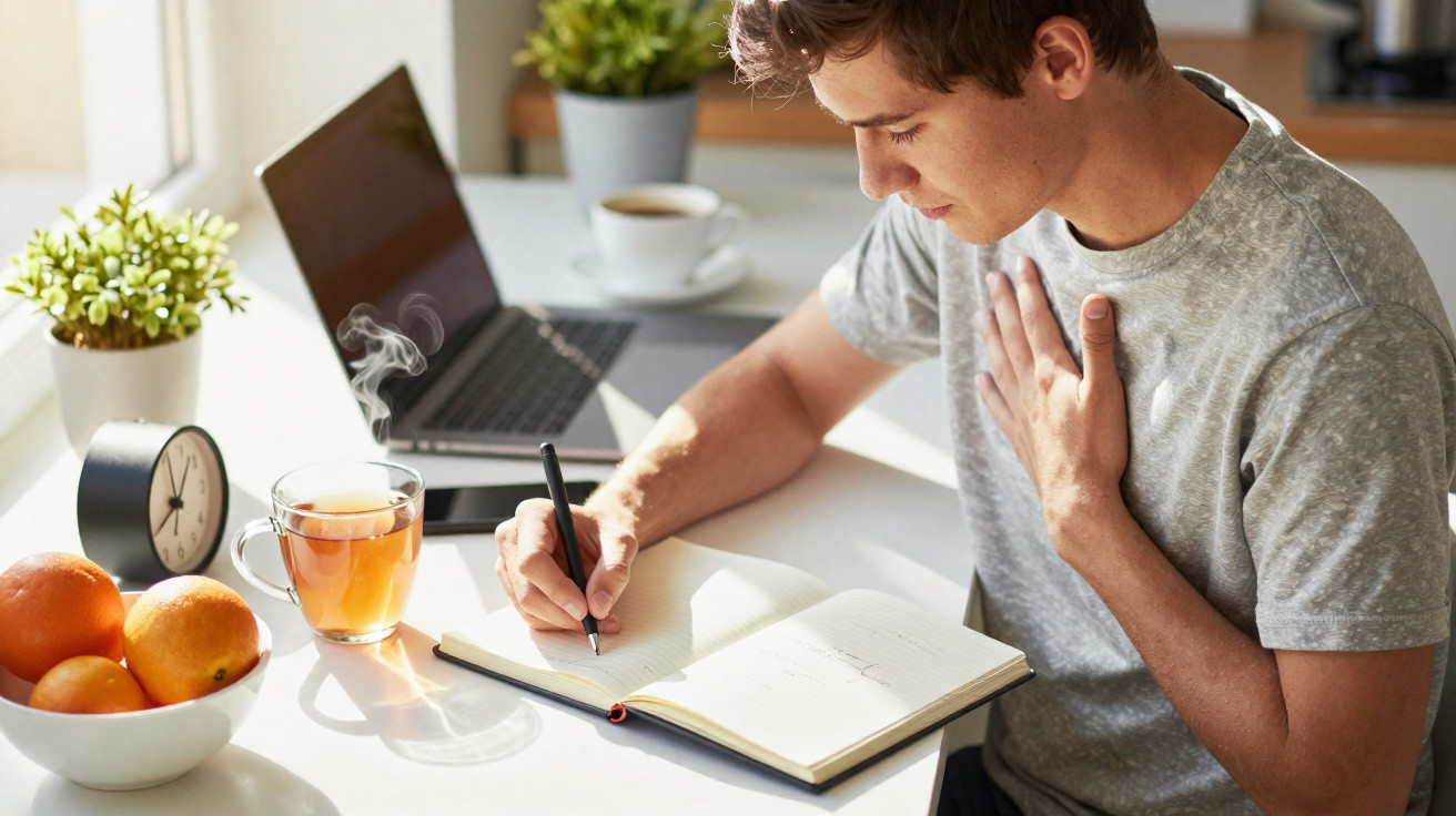 Jovem escrevendo em caderno ao lado de chá quente, frutas, relógio e notebook em mesa iluminada pelo sol.