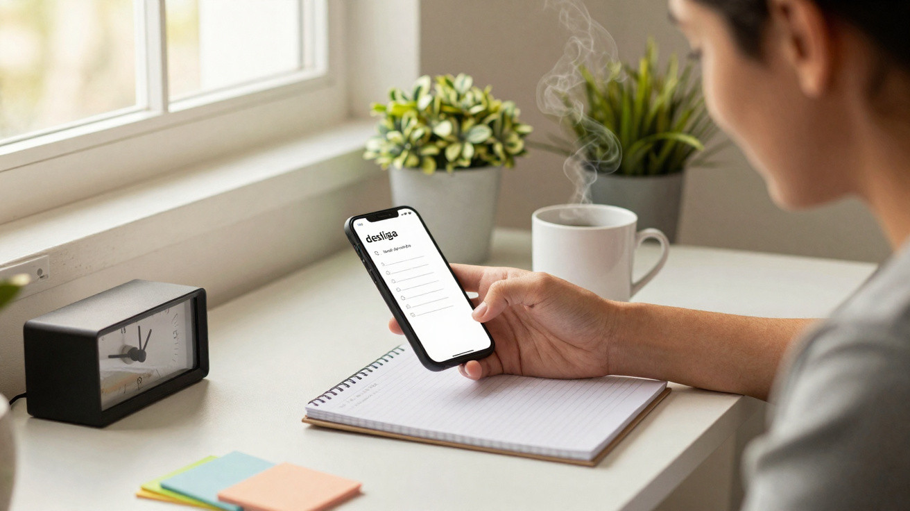 Pessoa olhando agenda no celular em ambiente de trabalho com caderno, relógio, plantas e xícara de café.