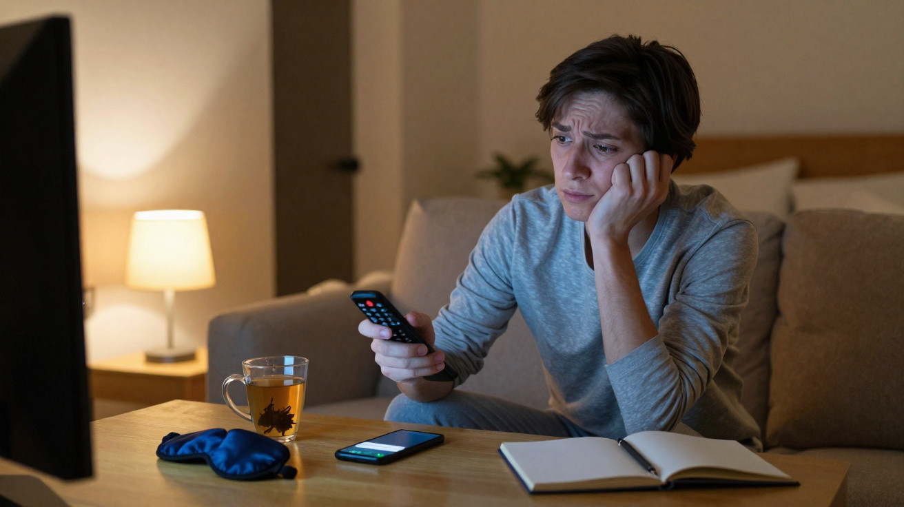 Jovem preocupado assistindo TV à noite, sentado no sofá, com controle remoto, celular e anotações à sua frente.