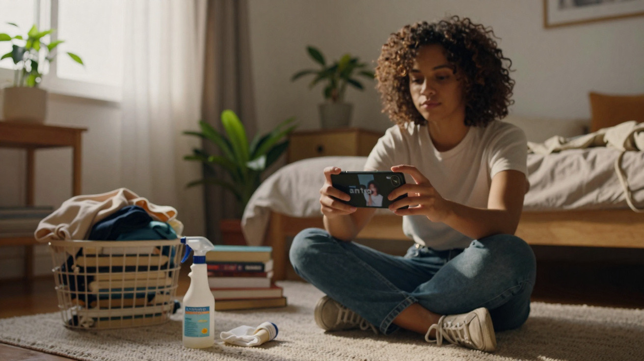 Jovem sentada no chão do quarto assistindo algo no celular, com cesto de roupas e produtos de limpeza ao lado.