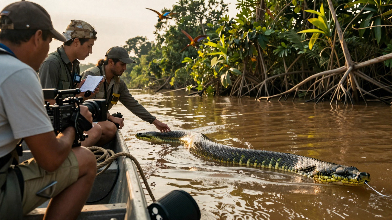 Três homens em barco filmam e tocam uma sucuri gigante em rio próximo a vegetação densa.