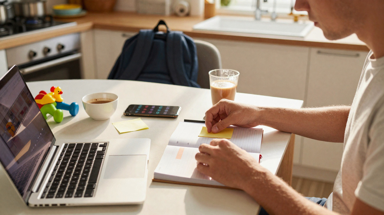 Pessoa trabalhando à mesa com notebook, caderno, celular e café em cozinha iluminada.