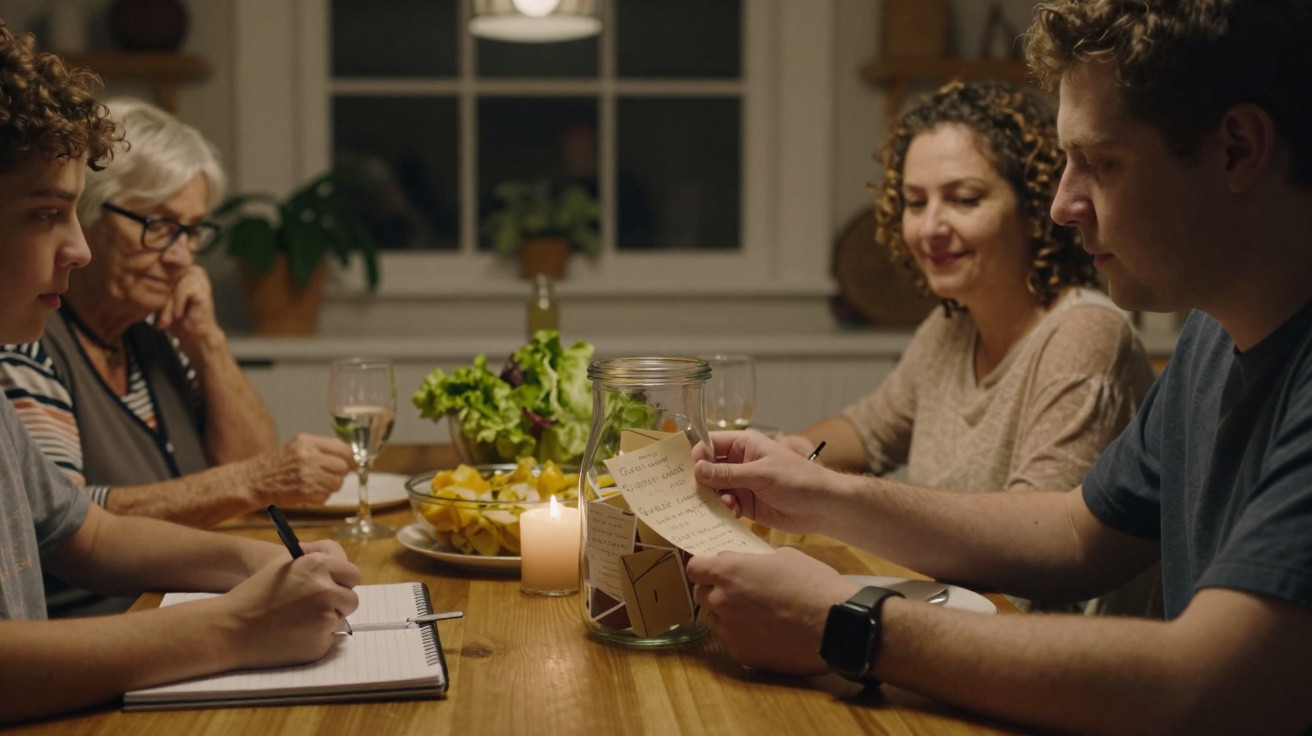 Grupo familiar escrevendo desejos em papéis para colocar em um pote sobre a mesa de jantar iluminada.