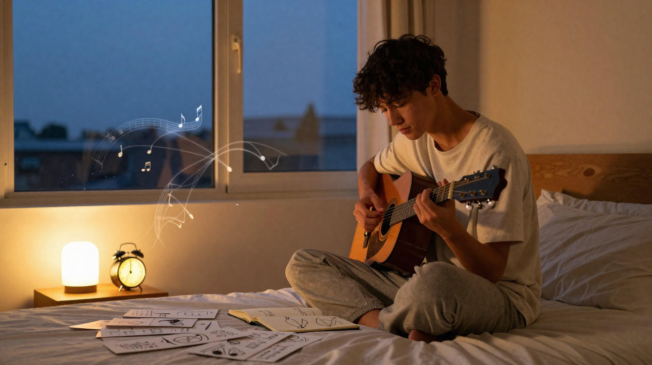 Jovem sentado na cama tocando violão ao entardecer com partituras espalhadas e notas musicais ilustradas.
