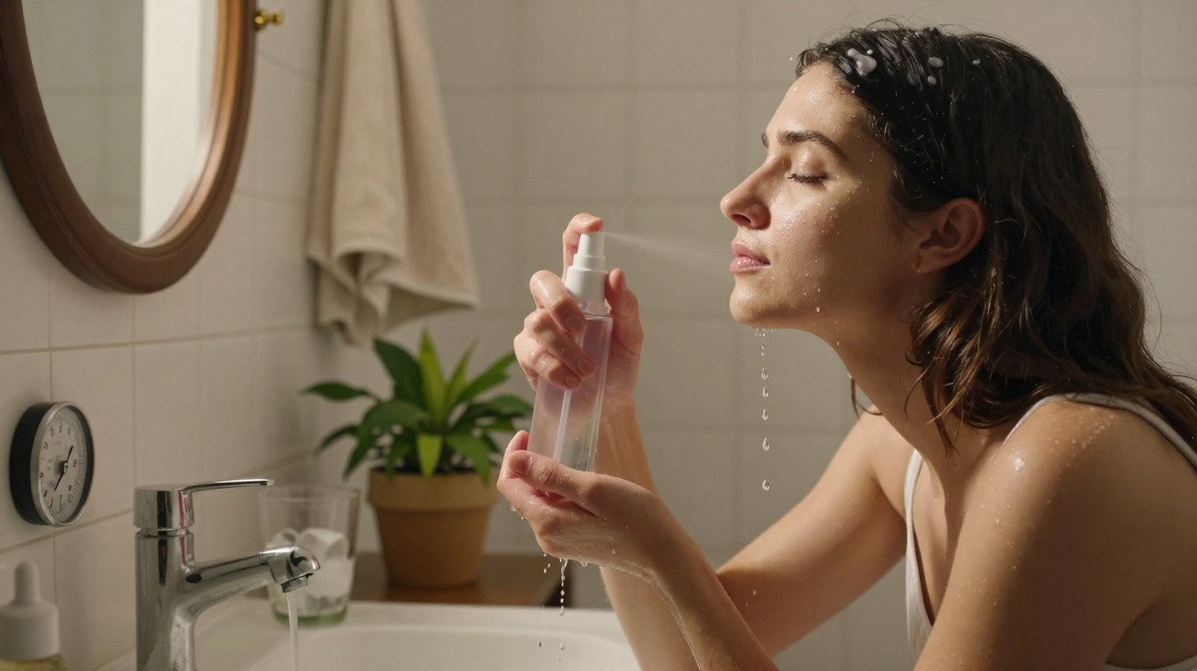 Mulher aplicando spray facial na frente da pia do banheiro, com olhos fechados e gotas de água no rosto.
