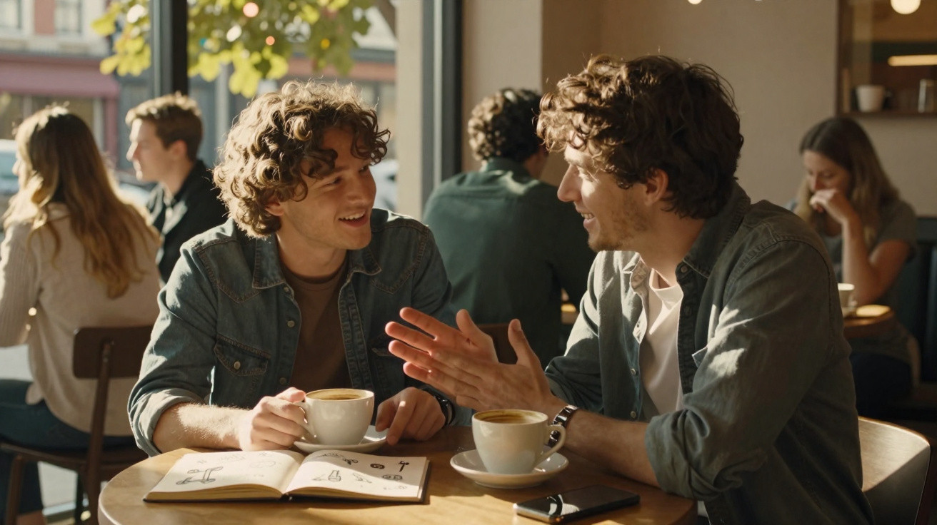 Dois jovens conversando e tomando café em cafeteria iluminada pelo sol, com outras pessoas ao fundo.