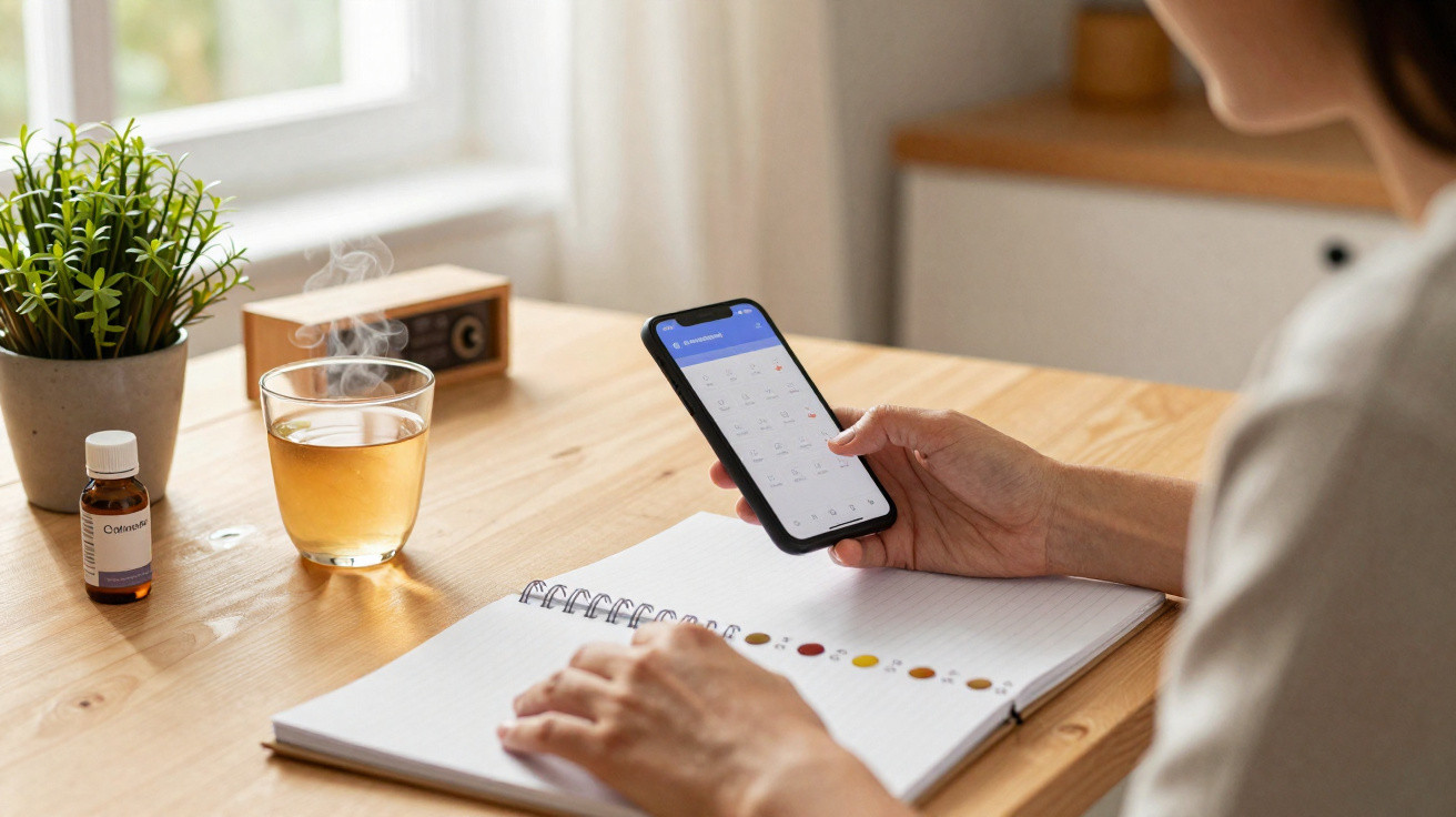 Pessoa usando celular para consultar calendário enquanto faz anotações em caderno sobre mesa de madeira.