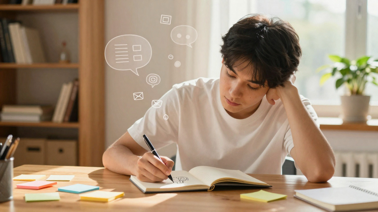 Adolescente desenhando em caderno sentado à mesa com post-its coloridos e janela ao fundo.
