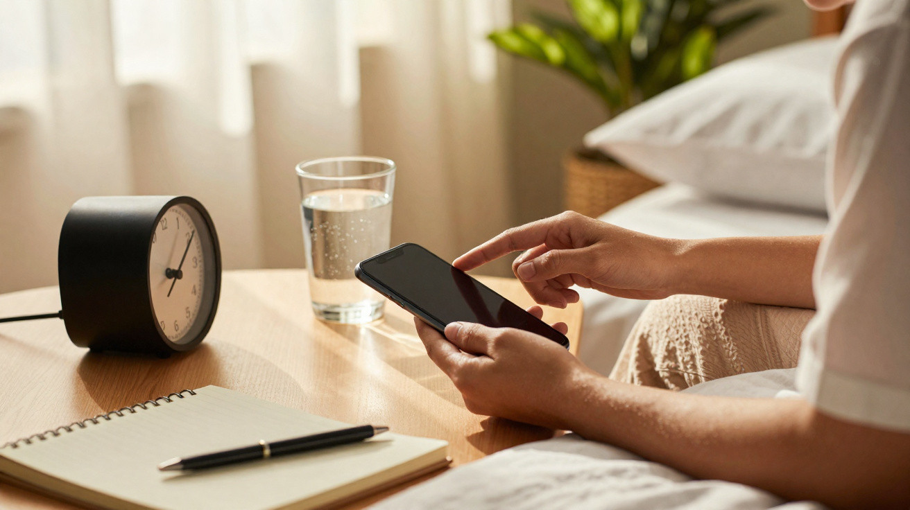 Pessoa usando celular ao lado de copo d'água, relógio e bloco de notas em mesa ao lado da cama.