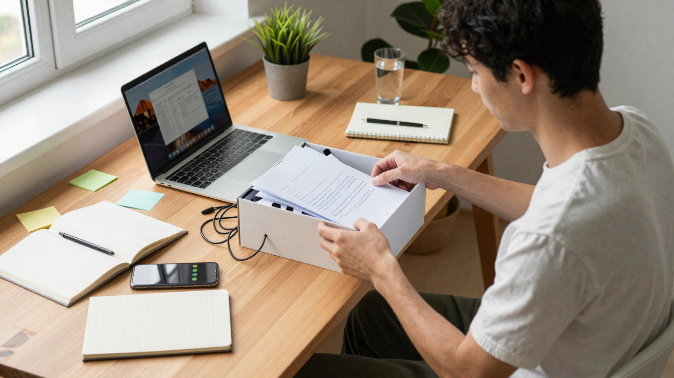 Homem revisando documentos em caixa ao lado de notebook, cadernos e celular sobre mesa de madeira clara.
