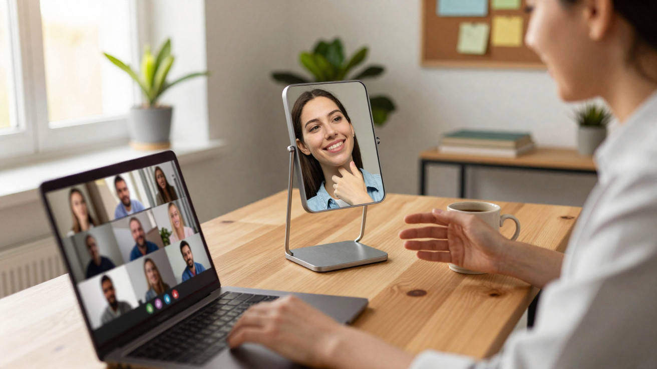 Pessoa sorrindo em videoconferência no laptop enquanto se observa no espelho de mesa em ambiente de trabalho.