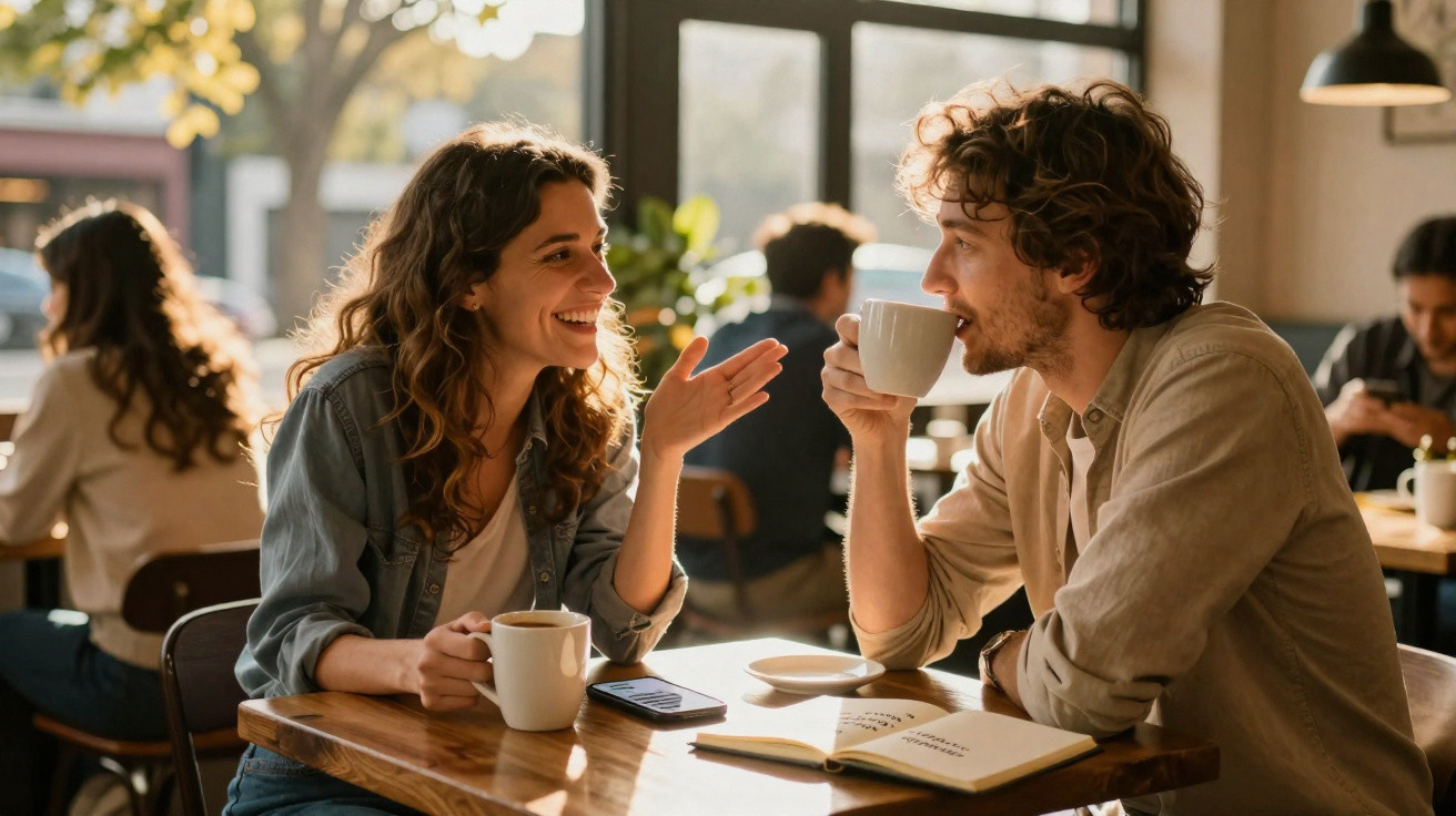 Casal sorridente conversando e tomando café em cafeteria aconchegante durante o dia.